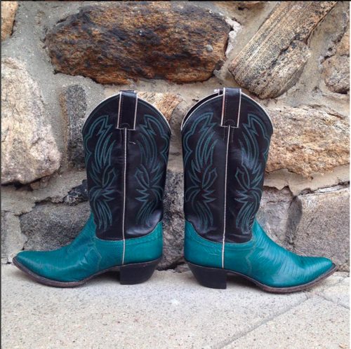 Justin Teal and Black Cowboy Boots — Trilogy Consignment